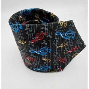 Parquet Mens Silk Like Necktie Black Musical Notes Treble Clef Music Theme Tie